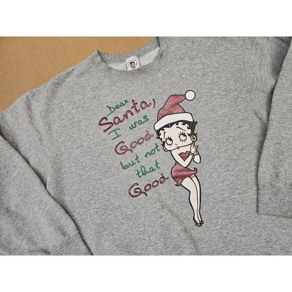 Vintage Betty Boop Naughty Christmas Sweatshirt Grey Large Boxy Fit Cartoon - Picture 4 of 9
